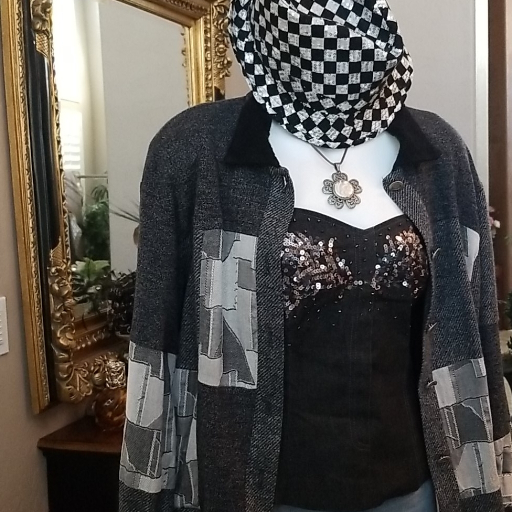 Designer Peter Popovitch Grey Patchwork Jacket - image 2